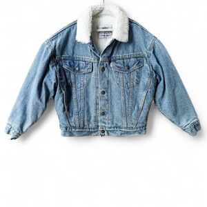 Vintage 80s 90s Levi’s Kids M Sherpa Denim Trucker Jacket USA Made White Tab